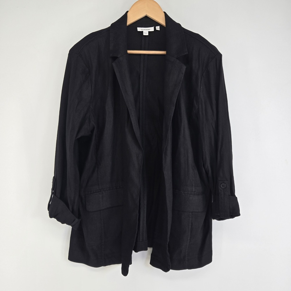 Chico's Blazer Women 2 US 12 Black Linen Blend Roll Tab Sleeve Open Front Jacket